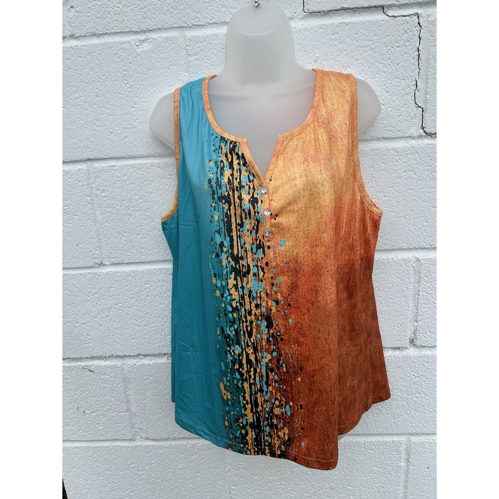 ETCYY Tank Top Loose Fit V Neck Flowy Sleeveless Top Orange Turn Gem Buttons XXL